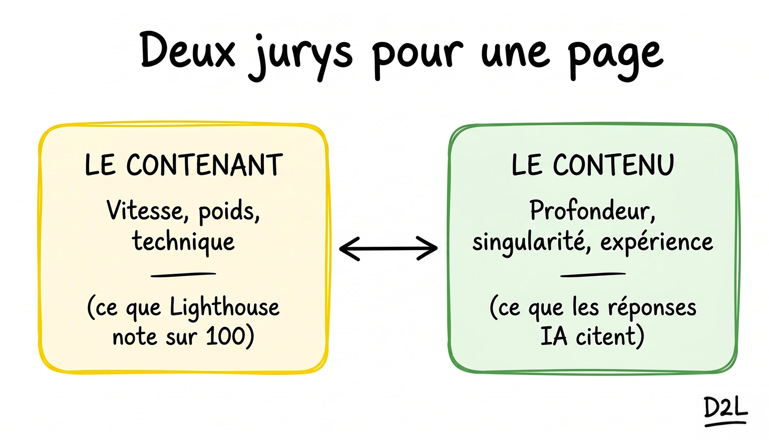 Schéma opposant deux façons de juger une page web : à gauche le contenant (vitesse, poids, technique, noté par Lighthouse), à droite le contenu (profondeur, singularité, ce que les réponses IA de Google citent), reliés par une flèche à double sens.